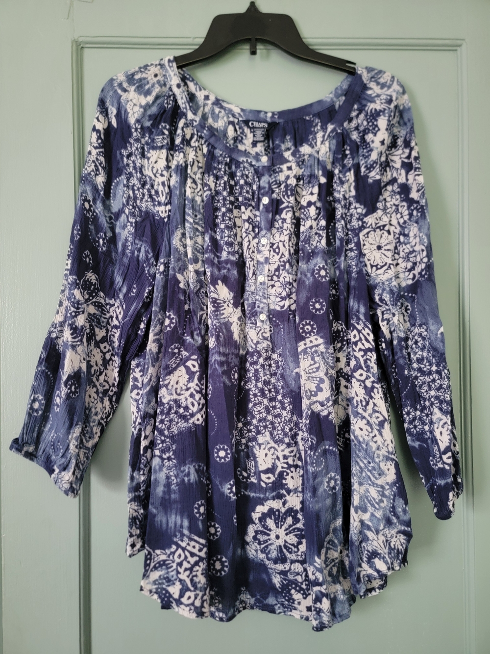 Chaps Navy Blue and White Printed Peasant Blouse